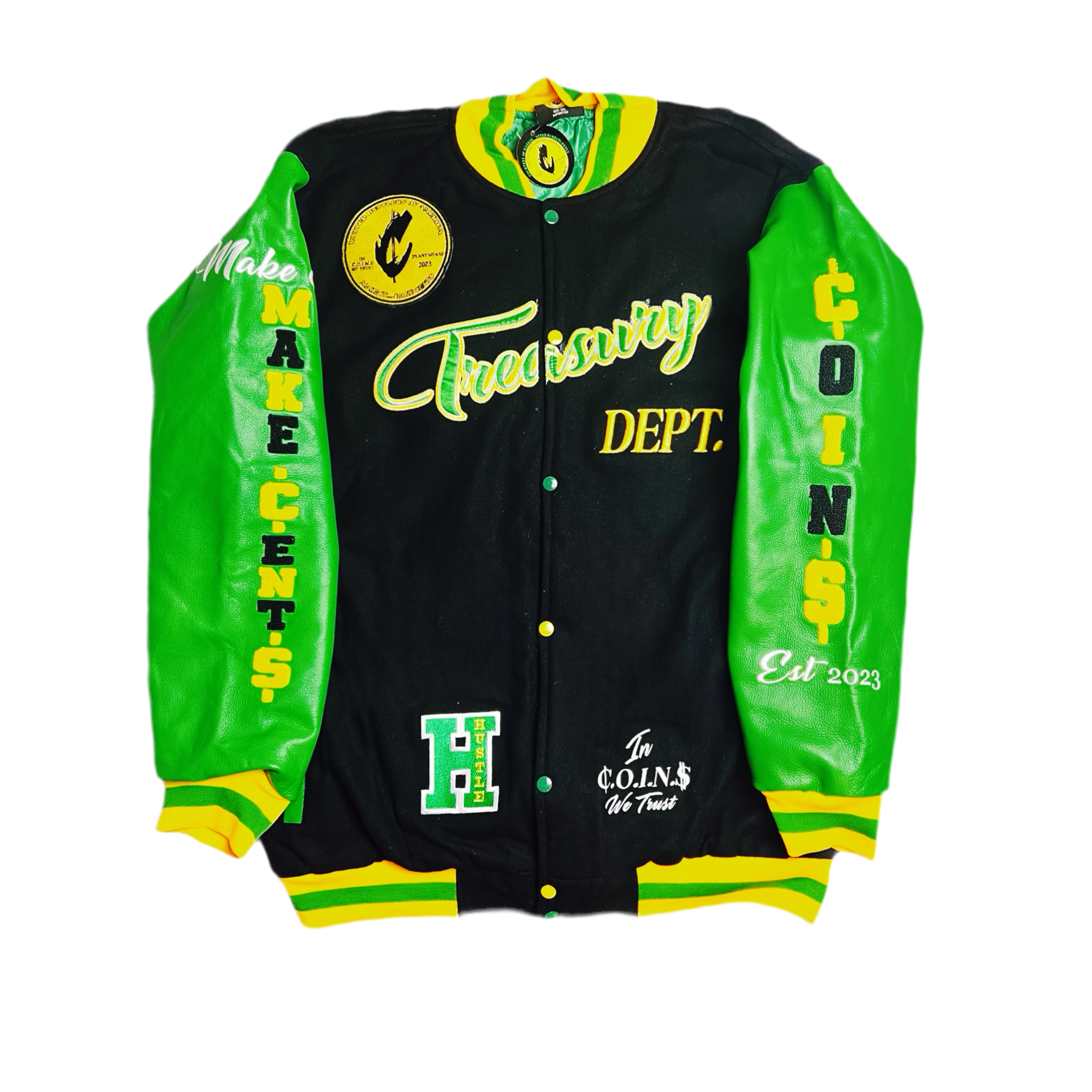 C.O.I.N.$ Treasury Dept Wool Body Genuine Leather Sleeves Varsity Jackets