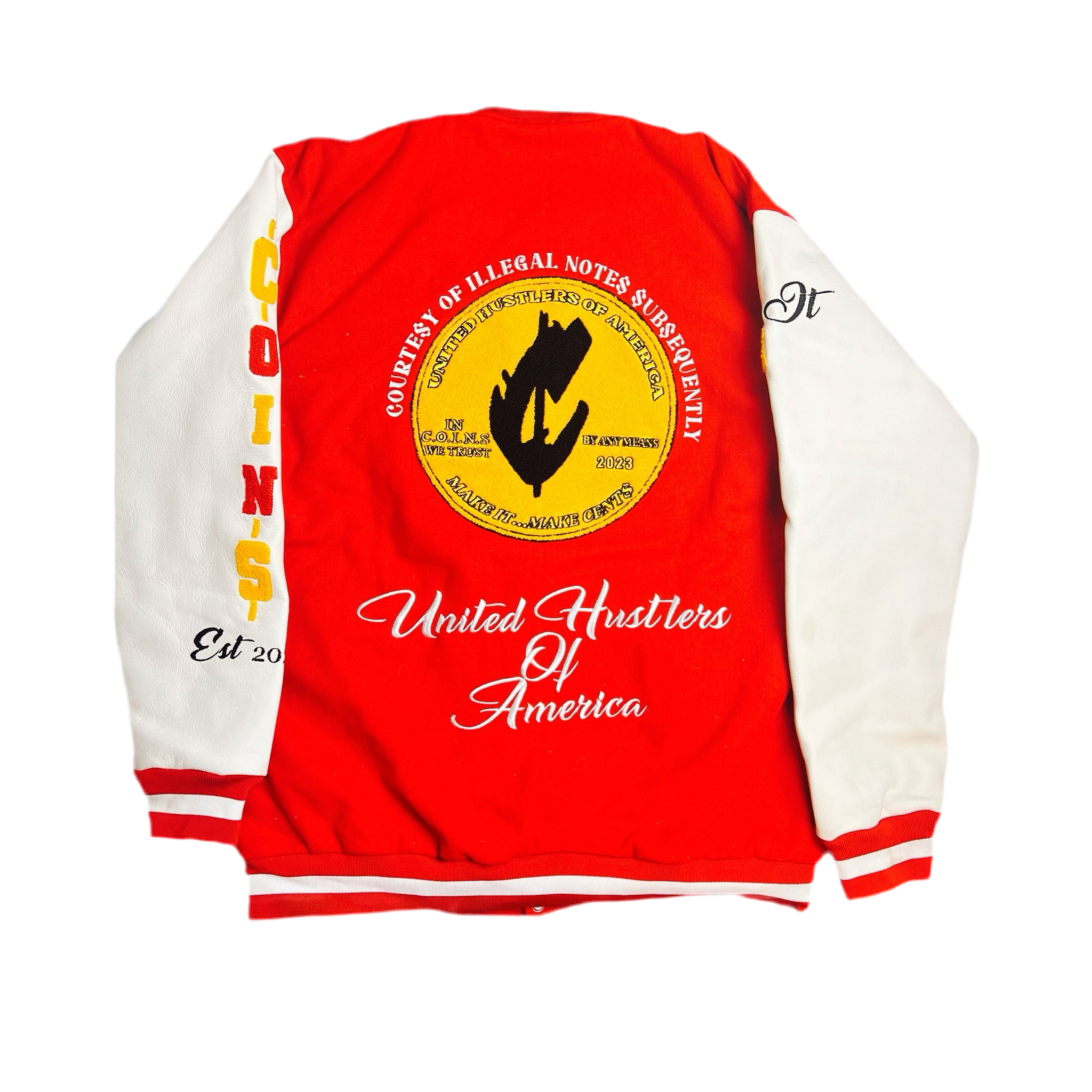 C.O.I.N.$ Treasury Dept Wool Body Genuine Leather Sleeves Varsity Jackets