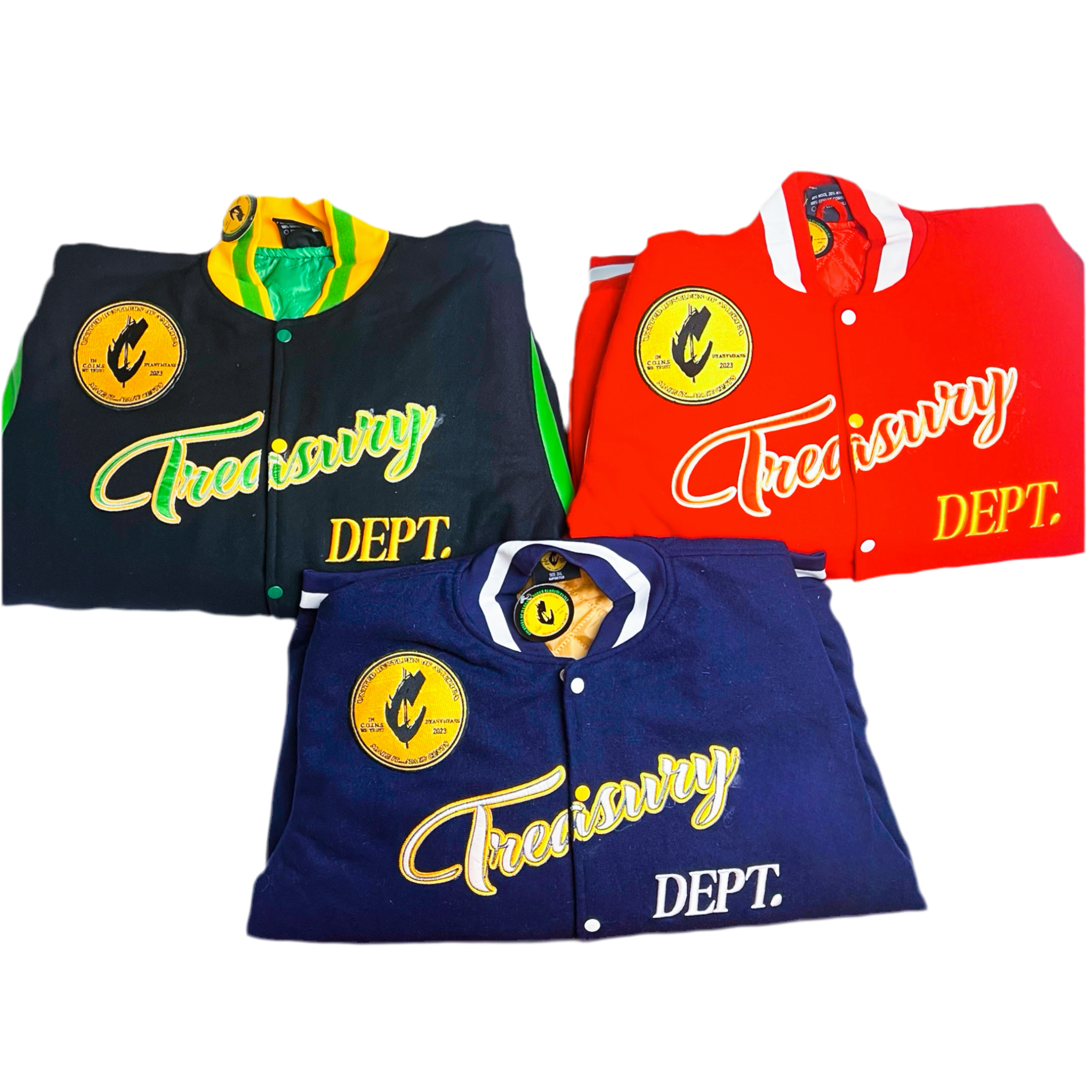 C.O.I.N.$ Treasury Dept Wool Body Genuine Leather Sleeves Varsity Jackets