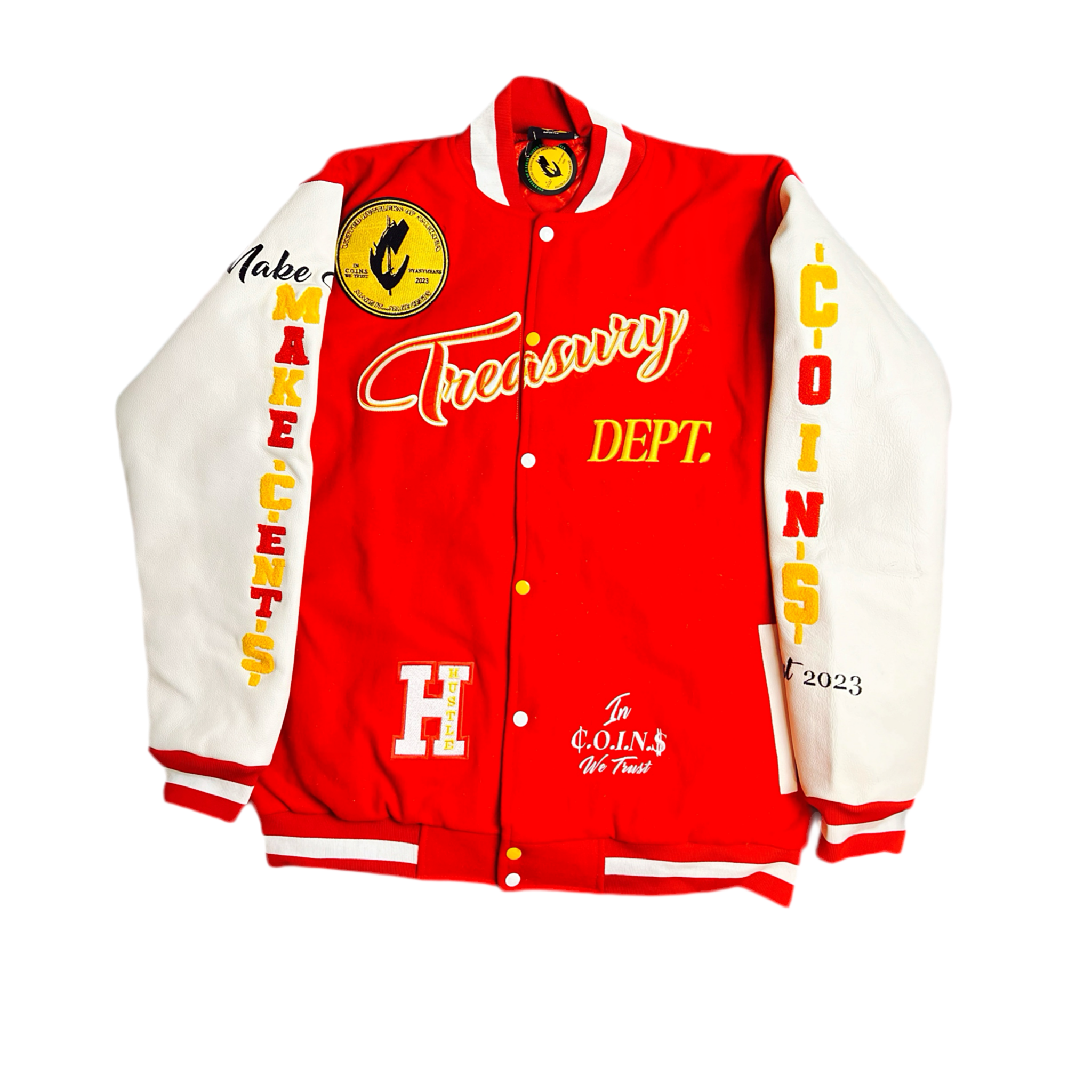 C.O.I.N.$ Treasury Dept Wool Body Genuine Leather Sleeves Varsity Jackets