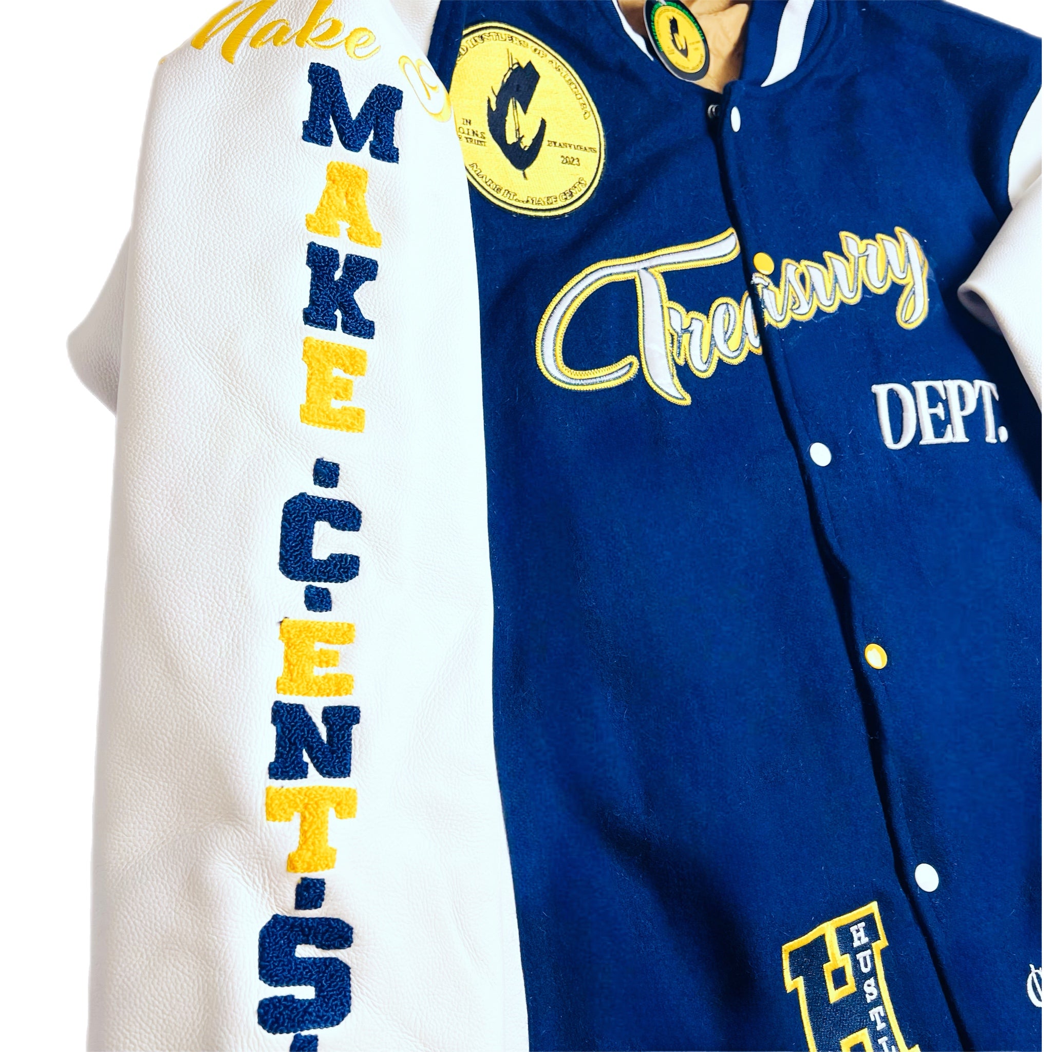 C.O.I.N.$ Treasury Dept Wool Body Genuine Leather Sleeves Varsity Jackets