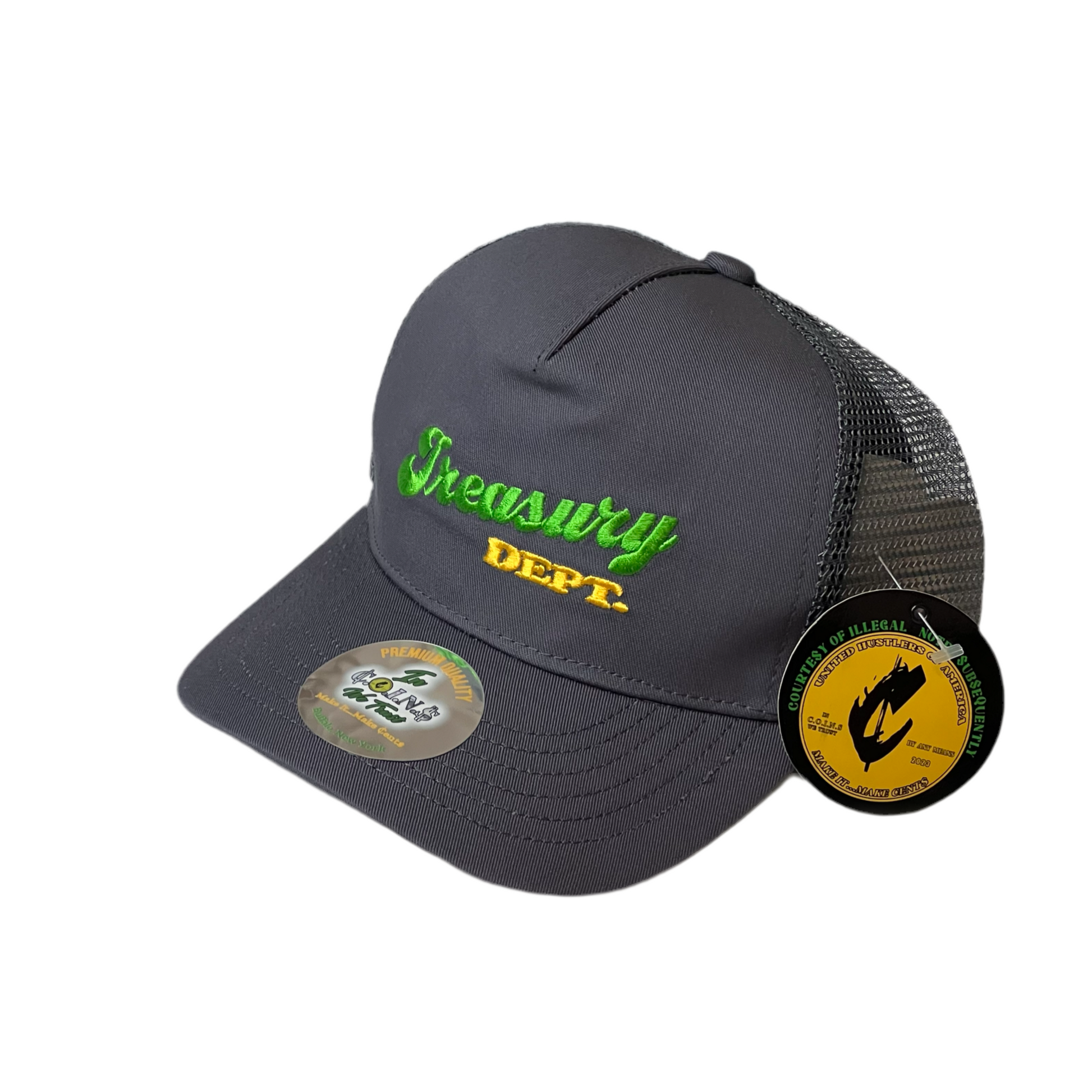 C.O.I.N.$ Treasury Dept. 5 Panel Low Crown Cotton Mesh Adjustable Trucker SnapBack Hats