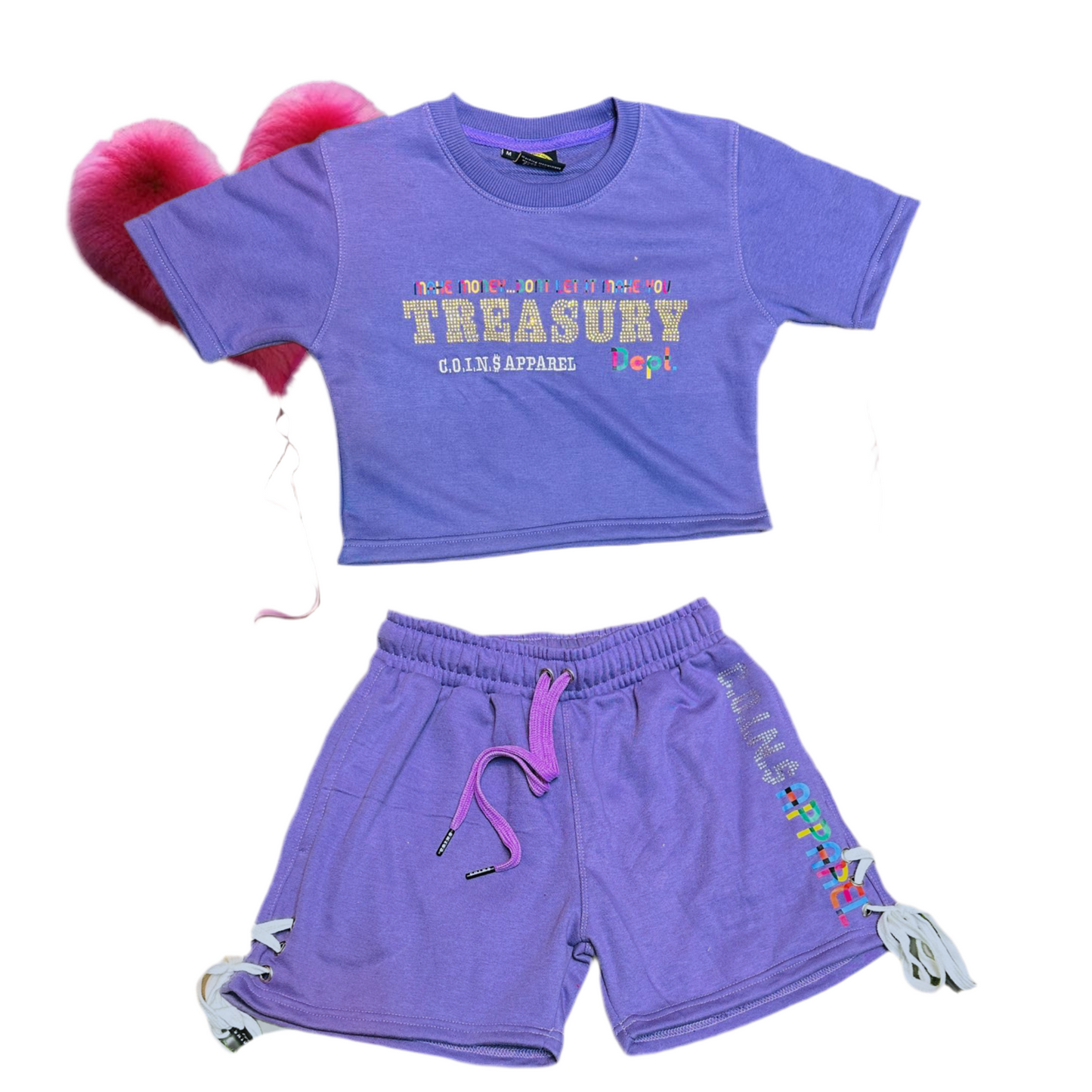 C.O.I.N.$ WOMAN’S TREASURY DEPT. CROP TOP SHORT SETS