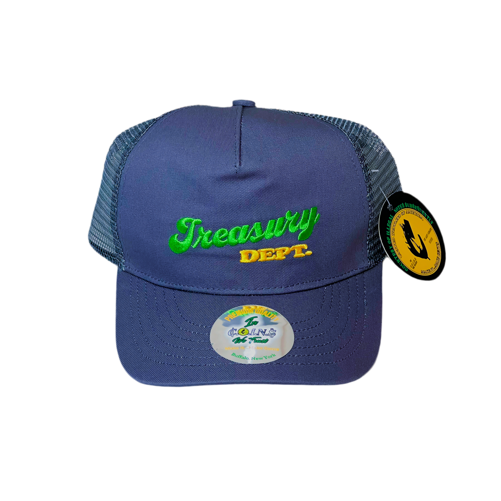 C.O.I.N.$ Treasury Dept. 5 Panel Low Crown Cotton Mesh Adjustable Trucker SnapBack Hats