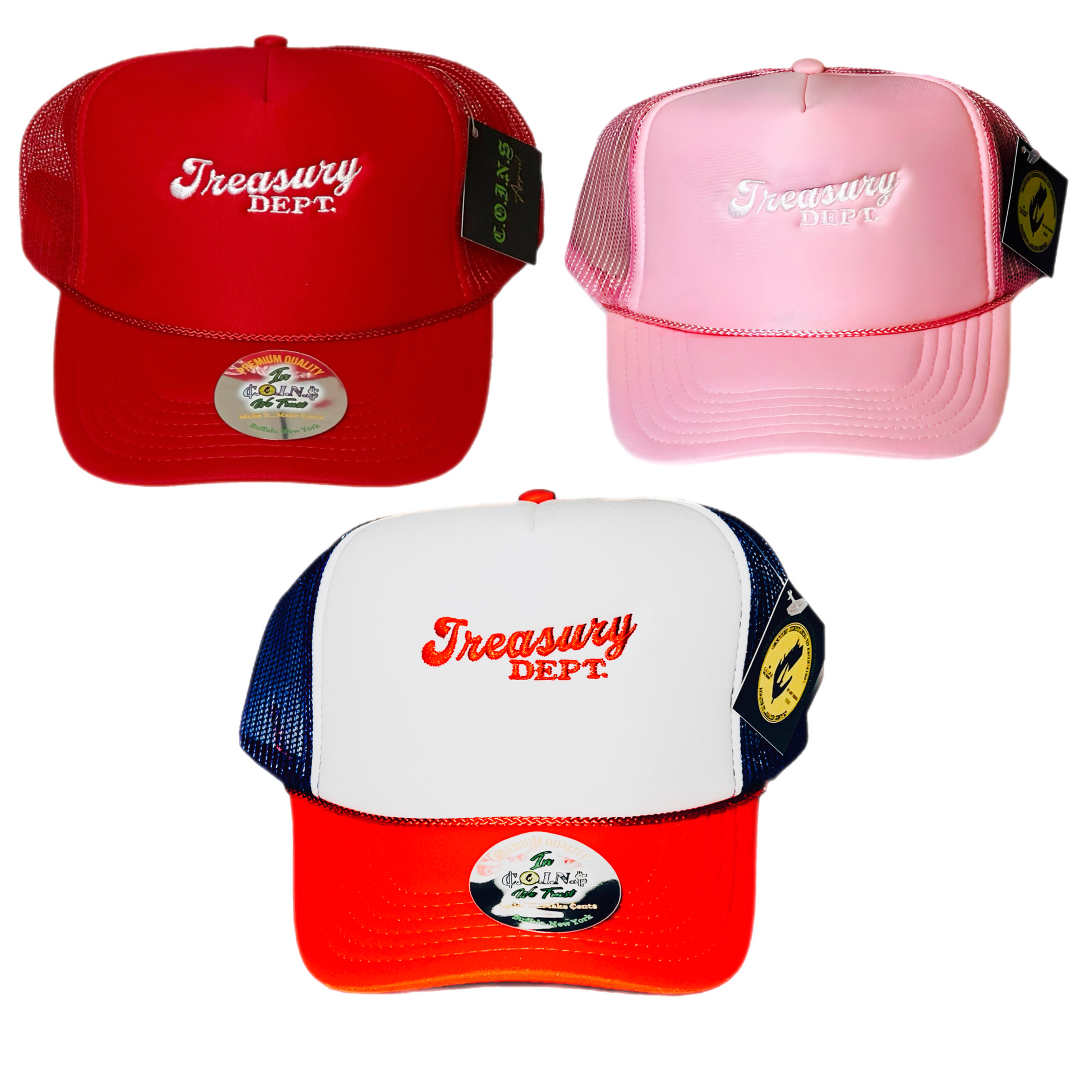 C.O.I.N.$ Treasury Dept. 5 Panel High Profile Foam Snapback Trucker Hats