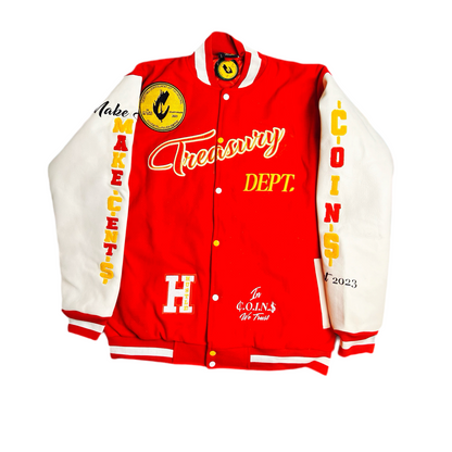 C.O.I.N.$ Treasury Dept Wool Body Genuine Leather Sleeves Varsity Jackets