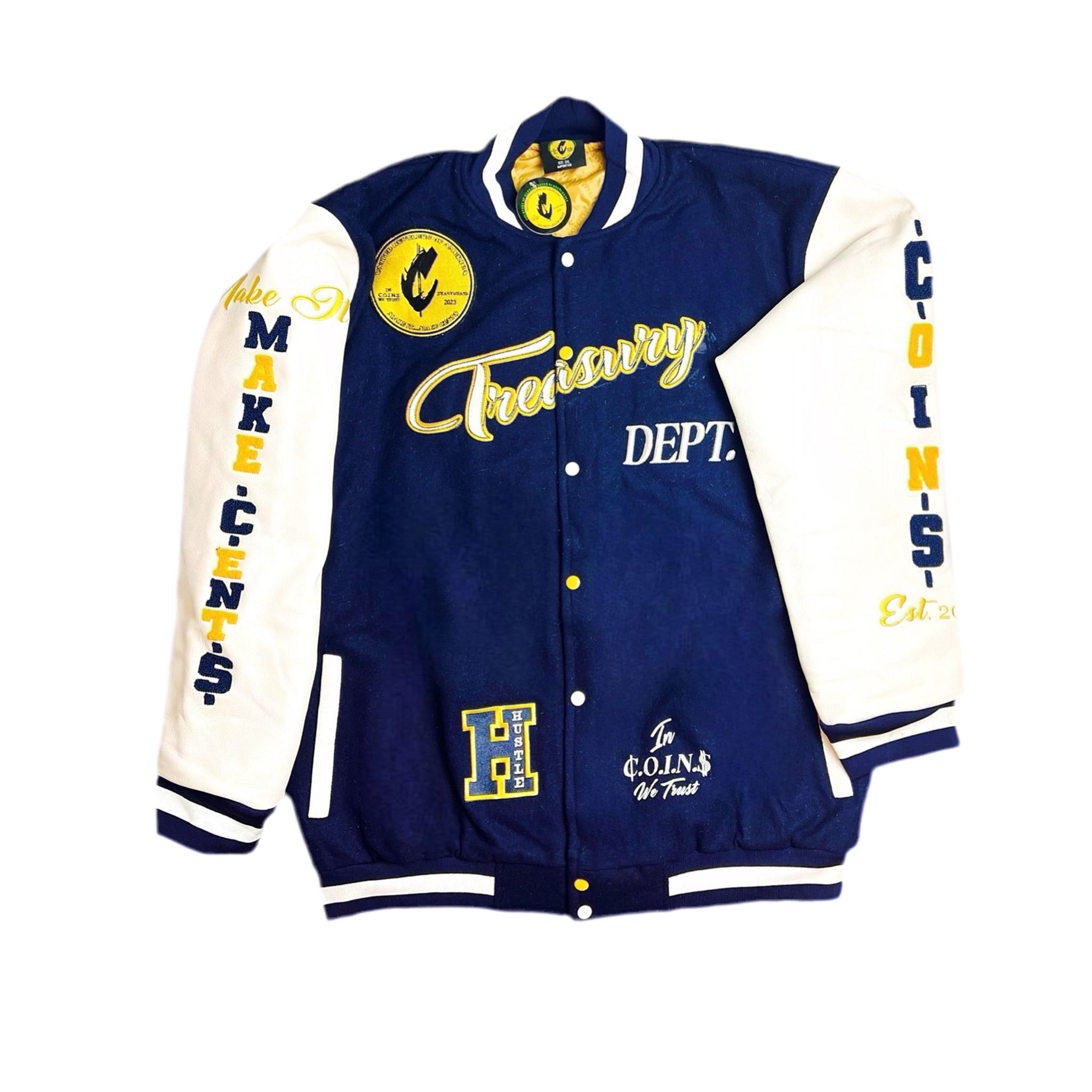 C.O.I.N.$ Treasury Dept Wool Body Genuine Leather Sleeves Varsity Jackets