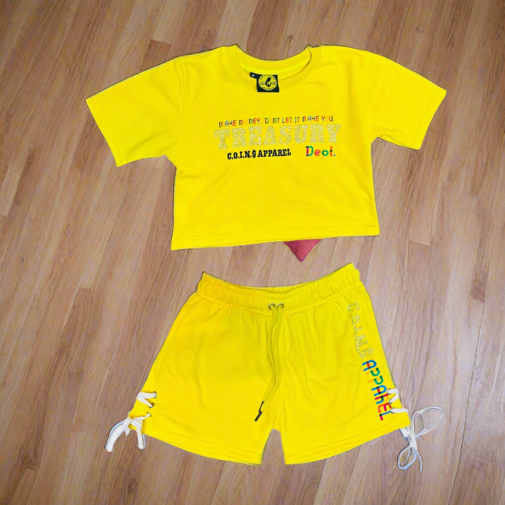 C.O.I.N.$ WOMAN’S TREASURY DEPT. CROP TOP SHORT SETS