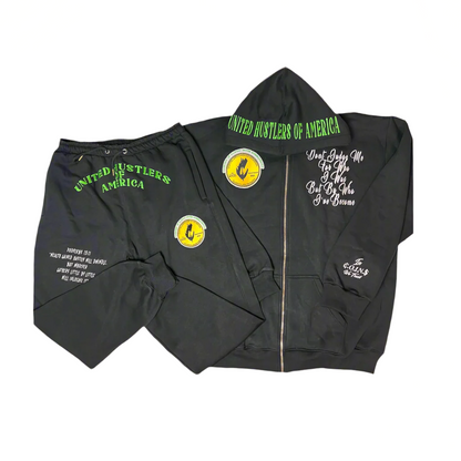 "United Hustlers of America" Relaxed Fit Cotton Zip Up Hooded Sweatsuits