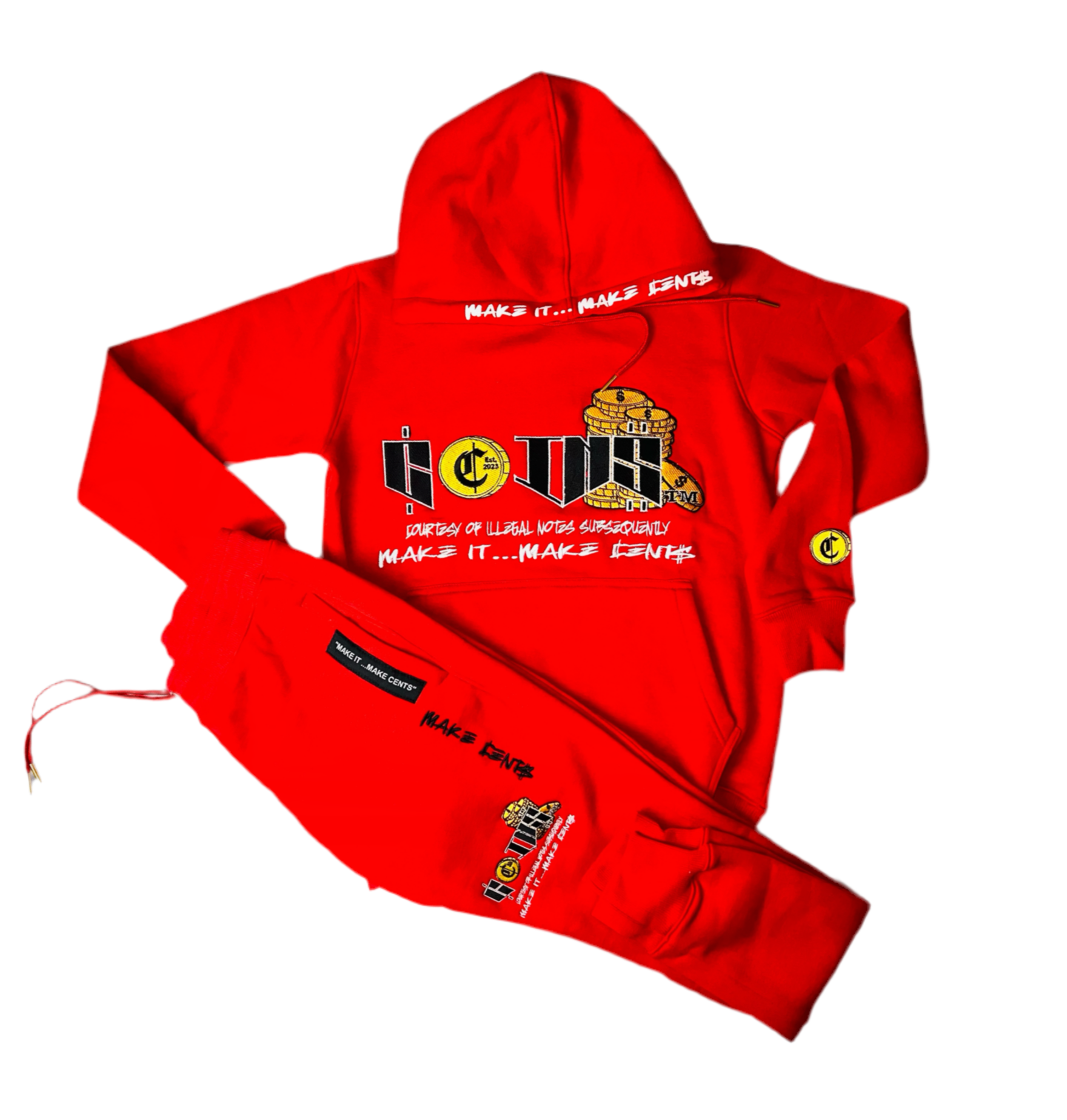C.O.I.N.$ CLASSIC COTTON HOODED PULLOVER SWEATSUITS WITH POCKETS red black