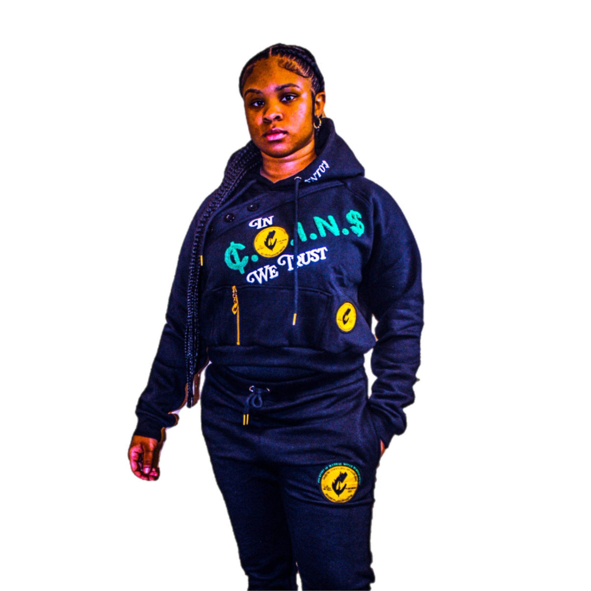  C.O.I.N.$ Woman’s Hooded Crop top sweatsuit black