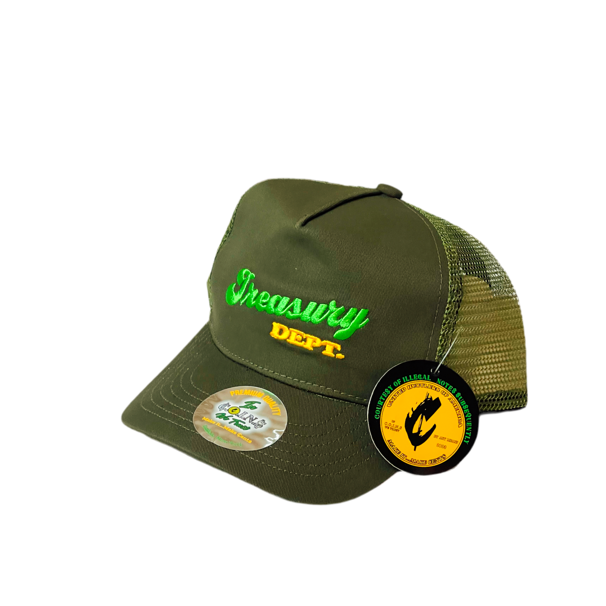 C.O.I.N.$ Treasury Dept. 5 Panel Low Crown Cotton Mesh Adjustable Trucker SnapBack Hats