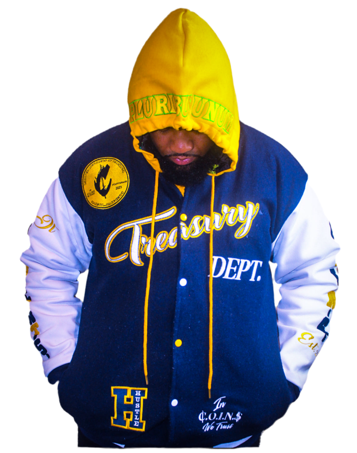 C.O.I.N.$ Treasury Dept Wool Body Genuine Leather Sleeves Varsity Jackets
