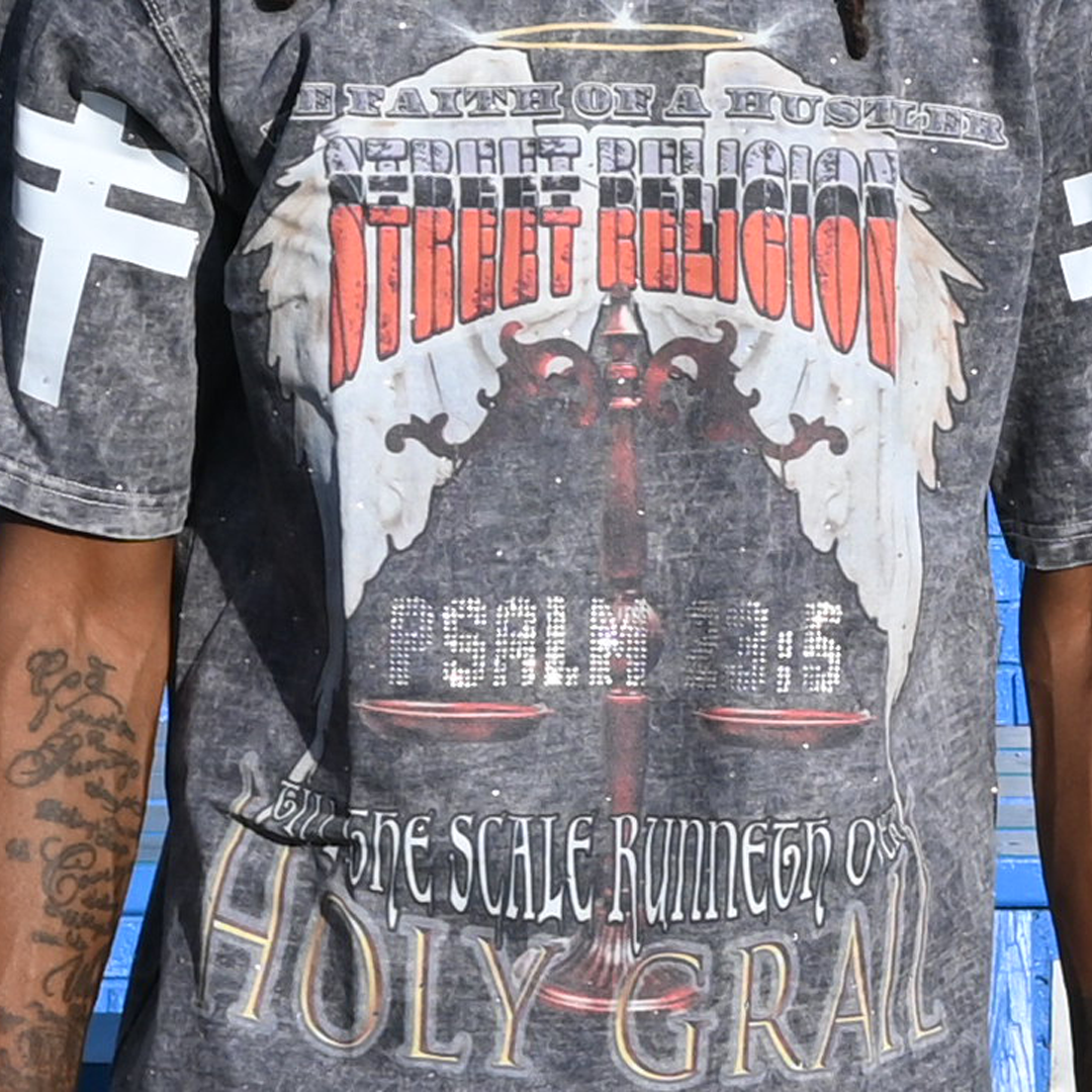 NUMMI VESTES " STREET RELIGION"  GREY ACID WASHED HEAVY GSM T-SHIRT