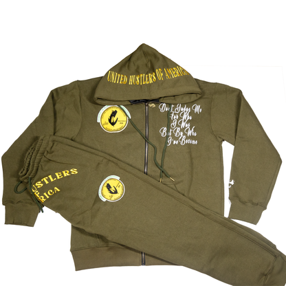 "United Hustlers of America" Relaxed Fit Cotton Zip Up Hooded Sweatsuits